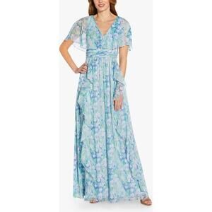 Adrianna Papell Dress Size 2 Floral Chiffon Capelet Gown Maxi Blue Wedding NWT